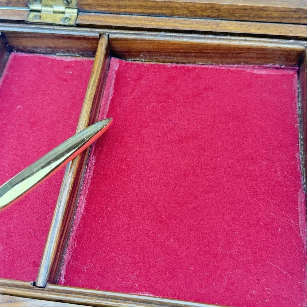 Vintage Wood Jewelry Keepsake Box Brass Inlay Locking - 2 Keys Felt Lined, 12x8